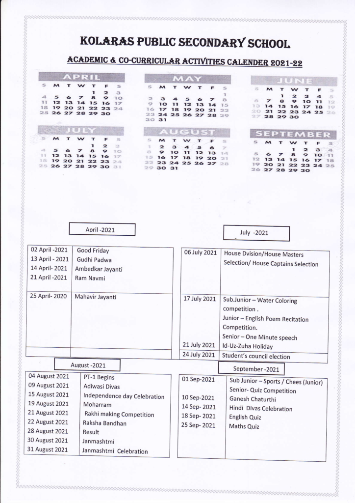 Academic Calendar Kolaras Public School